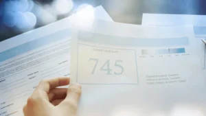 Hand holding a credit report showing a 745 score on a 300 to 850 scale